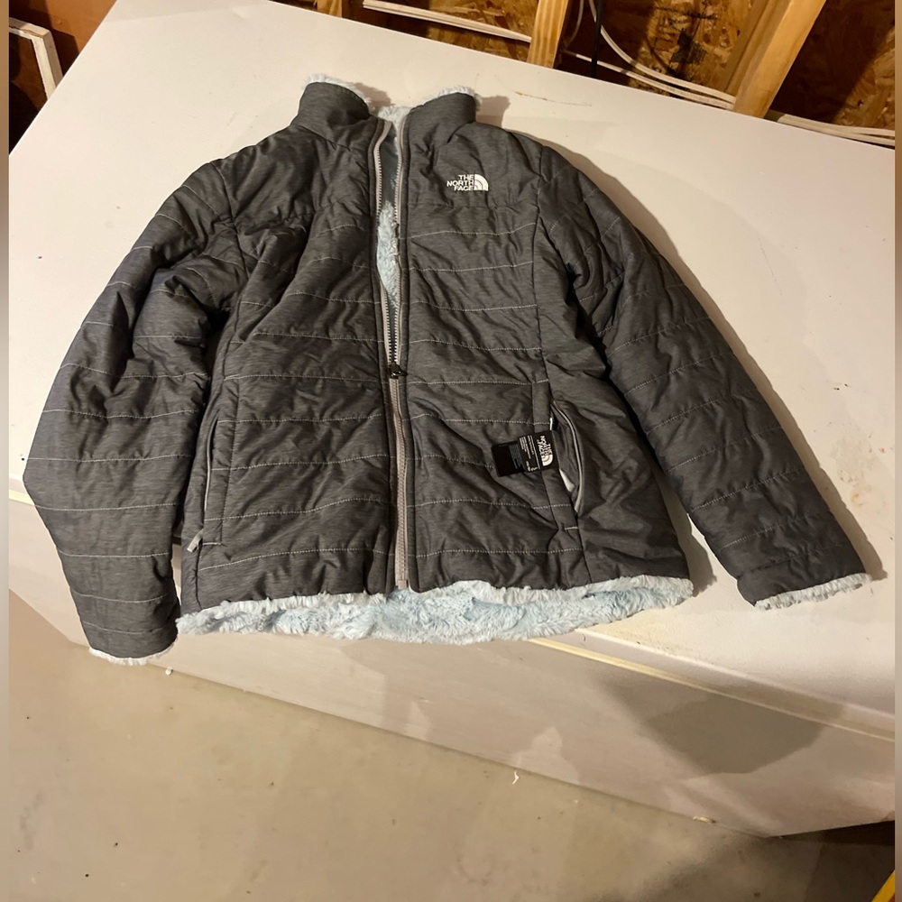 The North Face Gray Quilted Jacket with Light Blue Sherpa Lining